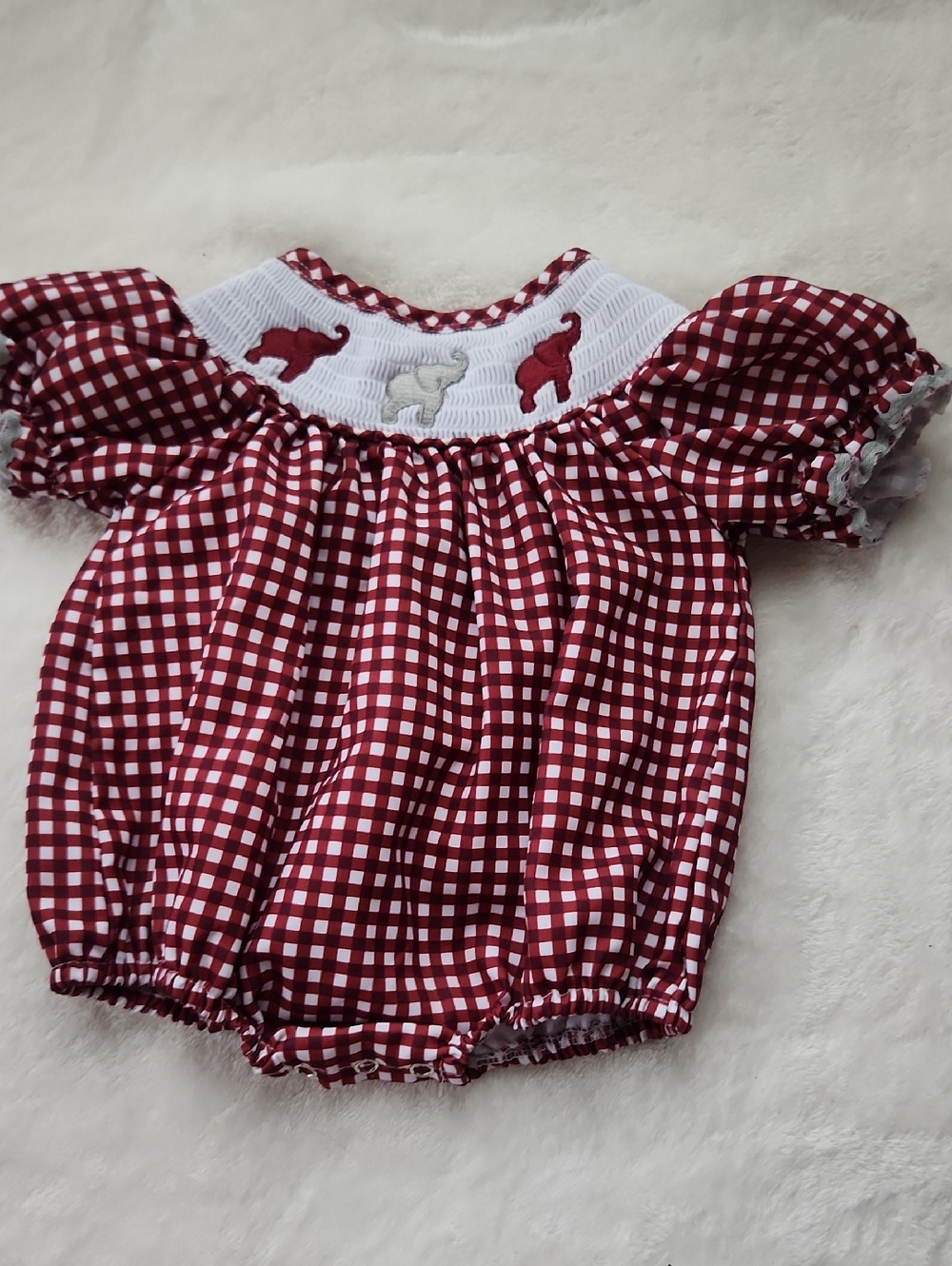 Red and White Gingham Smocked Alabama Elephant Baby Romper, Sz 3 To 6 Months